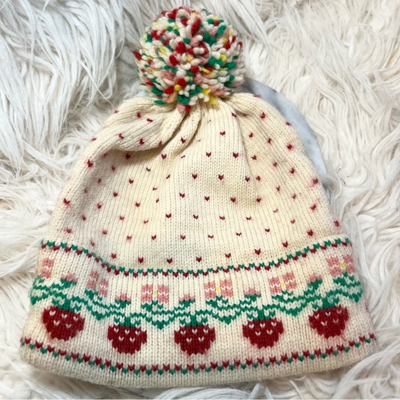 Vintage Strawberry Knit Hat with Pom Pom Youth One Size - Picture 3 of 3